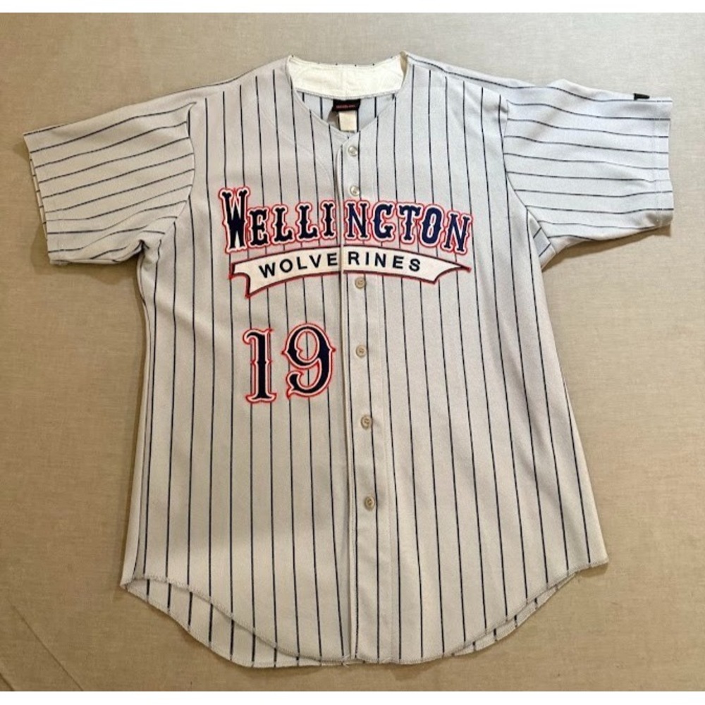 Palm Beach Wolverines Wellington‎ #19 Baseball Jersey Large Gray Striped Button.